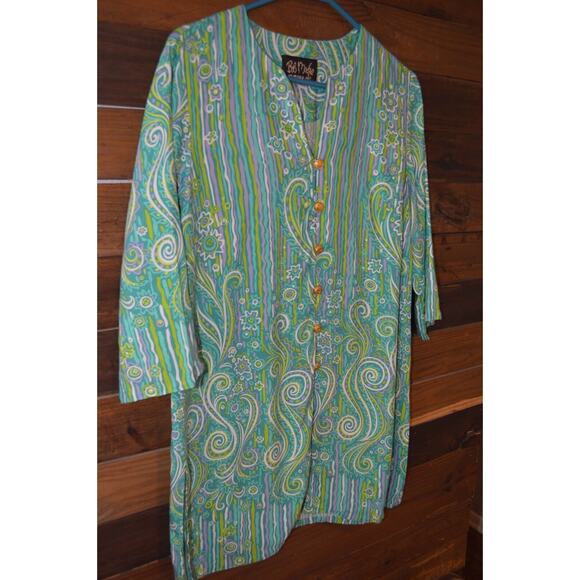 Bob Mackie Wearable Art Tunic Turquoise Green Swirls Strips Button Up Top Small - Picture 3 of 5